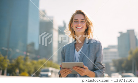 A successful, smiling young businesswoman holds a tablet, exuding confidence against a blurred backdrop of modern city buildings and bright natural light. 129712103