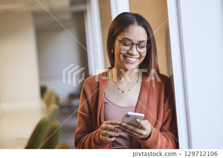 Face, student and woman with phone in classroom for knowledge research or social media. Cellphone, university and happy female from Brazil with mobile smartphone for learning, studying and education. 129712106