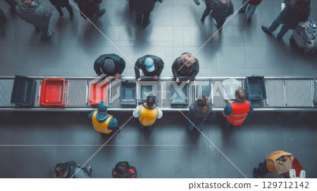 An overhead view captures passengers at an airport security checkpoint, placing belongings into bins on a conveyor belt. Perfect for themes of air travel, security, logistics, and airport operations An overhead view captures passengers at an airport security checkpoint, placing belongings into bins on a conveyor belt. Perfect for themes of air travel, security, logistics, and airport operations 129712142