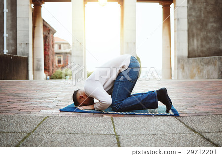 Muslim student man, prayer and college in morning for faith, success or support from God for studying. Islamic praying, worship and start at university, campus or religion for motivation in education 129712201