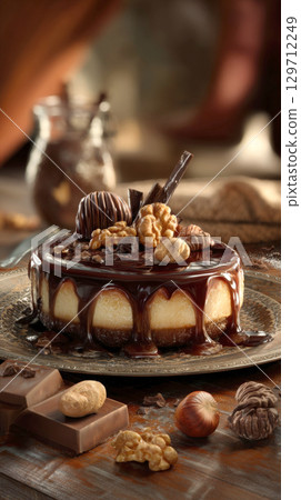 A delectable no-bake cheesecake drizzled with rich chocolate ganache, topped with walnuts, chocolate pieces, presented on ornate metal plate amidst cozy, rustic setting with blurred background 129712249