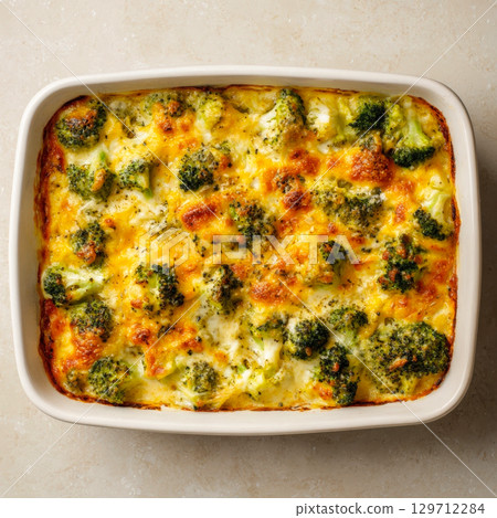 broccoli and cheese casserole baked in a white rectangular dish, viewed from directly above. The cheesy topping is perfectly melted and bubbly, with visible bits of green broccoli florets. 129712284