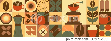Geometric coffee pattern in minimalist style. Abstract print background with simple shapes for coffee shop, food packaging, cafe wall, menu. Coffee-themed block illustration with coffee beans, cups an Geometric coffee pattern in minimalist style. Abstract print background with simple shapes for coffee shop, food packaging, cafe wall, menu. Coffee-themed block illustration with coffee beans, cups an 129712305