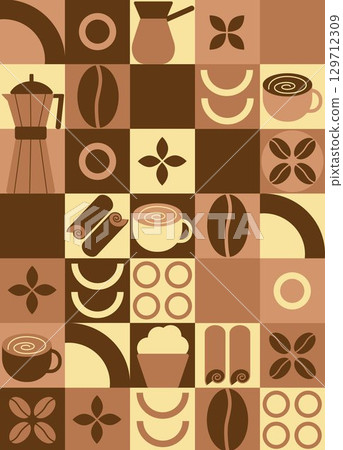 Geometric coffee pattern in minimalist style. Abstract print background with simple shapes for coffee shop, food packaging, cafe wall, menu. Coffee-themed block illustration with coffee beans, cups an 129712309