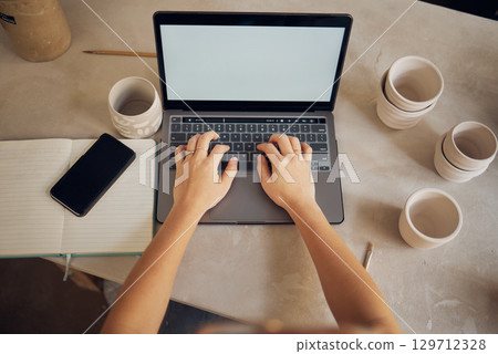 Mockup screen, pottery and hands on laptop for marketing communication, email and creative small business. Above, media and woman typing on a computer with advertising space at an art workshop Mockup screen, pottery and hands on laptop for marketing communication, email and creative small business. Above, media and woman typing on a computer with advertising space at an art workshop 129712328