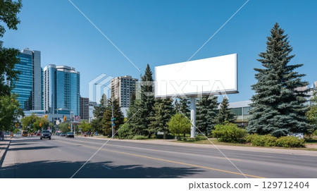 Large blank billboard with copy space by a busy city street, surrounded by tall buildings and evergreen trees, ideal for advertising, urban development, and commercial messages 129712404