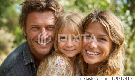 A close-up, heartwarming portrait of a happy family of three father, mother, their young daughter - smiling genuinely at the camera amidst a natural, outdoor setting, radiating warmth, affection 129712410