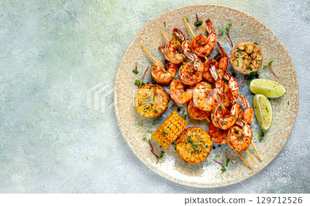 tiger prawns on skewers, shrimp kebab, with corn, fried, homemade, no people, 129712526