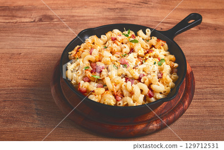 macaroni with cheese and bacon, baked, homemade, no people, macaroni with cheese and bacon, baked, homemade, no people, 129712531