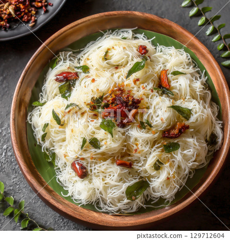 bowl of soft, steamed idiyappam (string hoppers) on a banana leaf, garnished with fried red chilies and fresh curry leaves, offering a traditional and delicious South Indian culinary experience 129712604