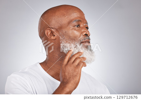 Black man, face and senior skincare with facial hair or beard for grooming and shaving on grey background. Beauty headshot of African male in studio for dermatology, cosmetics and skincare mockup 129712676