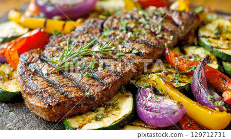 Mouth-watering, perfectly grilled steak, seared with grill marks, served alongside an assortment of colorful roasted vegetables and garnished with fresh rosemary, ideal for healthy eating, summer BBQs 129712731