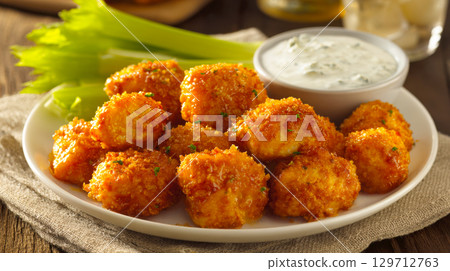 A delectable plate of bite-sized, breaded boneless wings, perfectly golden and served with a side of cool ranch dressing and fresh celery sticks, ideal for casual dining and game day snacks 129712763