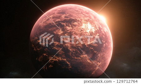 alien exoplanet, showcasing its rugged, illuminated by brilliant glow of rising distant star, set against the vast darkness of space. Themes of space exploration, astronomy, science fiction alien exoplanet, showcasing its rugged, illuminated by brilliant glow of rising distant star, set against the vast darkness of space. Themes of space exploration, astronomy, science fiction 129712764