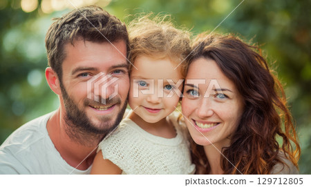 A heartwarming close-up of happy family, with parents embracing their smiling daughter, radiating warmth, love, togetherness in sunlit outdoor setting. Perfect for themes of family bonding, happiness 129712805