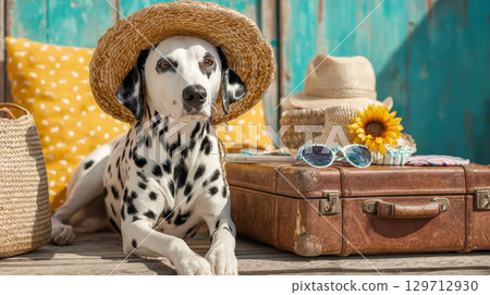 A charming dalmatian dog wearing a straw hat lies posed next to a vintage suitcase, sunglasses, and a sunflower, perfectly capturing the essence of summer vacation and pet-friendly travel A charming dalmatian dog wearing a straw hat lies posed next to a vintage suitcase, sunglasses, and a sunflower, perfectly capturing the essence of summer vacation and pet-friendly travel 129712930