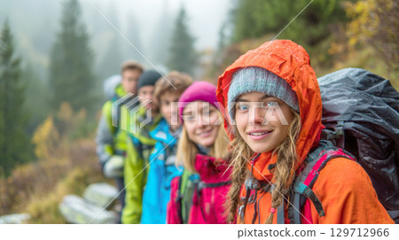 A group of cheerful young hikers in vibrant rain jackets and backpacks smiles brightly at the camera on a misty, green mountain trail, embodying adventure, friendship, and outdoor exploration 129712966