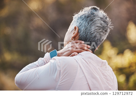 Back, exercise and senior woman with neck pain, training or workout for wellness, outdoor or health. Mature female, athlete or injury in park, fitness or muscle massage for arthritis or joint tension Back, exercise and senior woman with neck pain, training or workout for wellness, outdoor or health. Mature female, athlete or injury in park, fitness or muscle massage for arthritis or joint tension 129712972