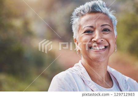 Fitness, face portrait and senior woman in nature ready for workout, exercise or training. Sports, park and retired elderly female from India preparing for running or jog for health and wellness. 129712983