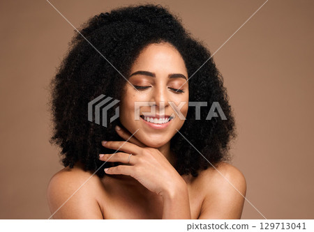 Hair, afro and face of black woman with skincare glow, natural cosmetics and clean shampoo hair care. Wellness, spa salon and African person with luxury makeup, dermatology treatment and self care 129713041
