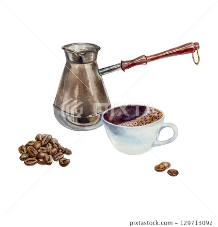 Cup of coffee, Turk for making the drink and roasted coffee beans. Hand drawn watercolor isolated. Vector clip art for cafe menu and banner design. Cup of coffee, Turk for making the drink and roasted coffee beans. Hand drawn watercolor isolated. Vector clip art for cafe menu and banner design. 129713092