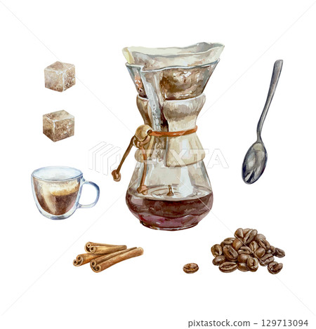 Pour over coffee maker with glass jug, roasted coffee beans, glass cup, spoon, sugar cubes, cinnamon sticks. Hand drawn watercolor isolated for menu, banner and package design. 129713094