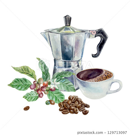 Cup of coffee, geyser coffee maker, roasted beans and plant with green leaves. Hand drawn watercolor isolated. Vector clip art for label, menu and banner design. 129713097
