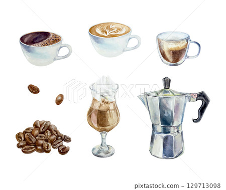Cup of black coffee, espresso, cappuccino, latte, roasted coffee beans and geyser coffee maker. Hand drawn watercolor. Vector clip art for menu, banner and packaging design. Cup of black coffee, espresso, cappuccino, latte, roasted coffee beans and geyser coffee maker. Hand drawn watercolor. Vector clip art for menu, banner and packaging design. 129713098