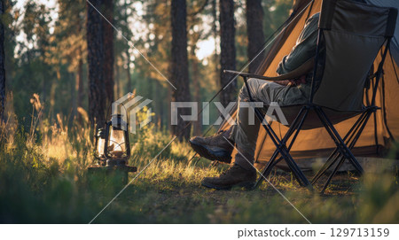 A tranquil scene of a person relaxing in a camping chair by a tent in a sun-drenched forest, with a vintage lantern nearby, perfect for themes of outdoor adventure, nature, and peaceful escape 129713159