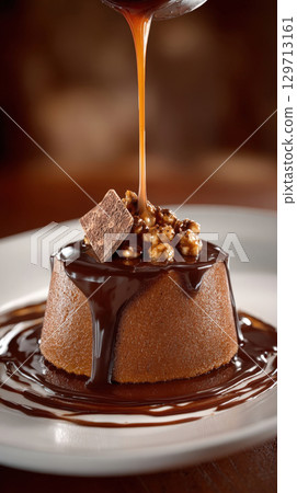 Indulgent chocolate fudge cake exquisitely garnished with luscious caramel sauce, crunchy walnuts, and a chocolate square. Perfect for gourmet food, dessert, and confectionery themes 129713161