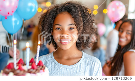 Young girl celebrating birthday with cake, candles, and colorful balloons in festive atmosphere 129713209