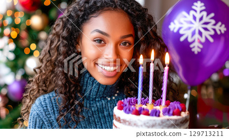 Young woman celebrating birthday with cake, candles, and festive decorations in background 129713211