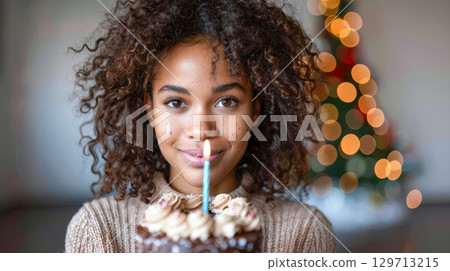 Young woman celebrating birthday with cake and candle in festive decorated environment 129713215