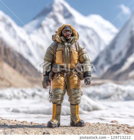 A highly detailed action figure of a mountain climber, fully equipped in winter gear, standing steadfast against a backdrop of majestic snowy peaks, symbolizing extreme adventure and resilience A highly detailed action figure of a mountain climber, fully equipped in winter gear, standing steadfast against a backdrop of majestic snowy peaks, symbolizing extreme adventure and resilience 129713222
