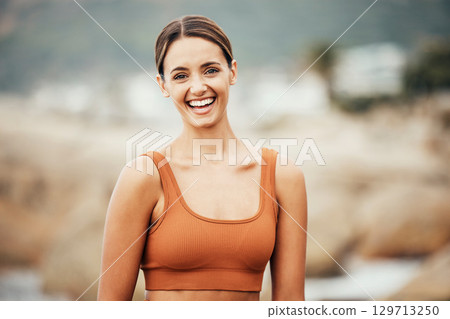 Woman, outdoor portrait and fitness training with smile, happiness and healthy by blurred background. Girl, happy and exercise clothes for workout, self care and wellness for body, mind and balance 129713250
