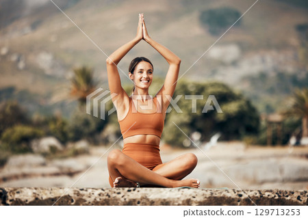 Beach meditation yoga, peace and woman meditate for chakra energy healing of soul, aura or spiritual balance. Zen freedom, pilates and girl relax for mental health, mindset wellness or mindfulness Beach meditation yoga, peace and woman meditate for chakra energy healing of soul, aura or spiritual balance. Zen freedom, pilates and girl relax for mental health, mindset wellness or mindfulness 129713253