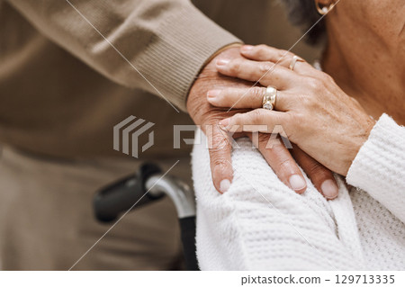 Love, disability and hands of retirement couple with care, gratitude and support in marriage. Unity, respect and senior people holding hands for bonding, appreciation and togetherness zoom. 129713335
