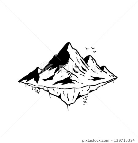 Minimal black ink sketch of a mountainous island hovering in the air. Great for fantasy-themed projects, map icons, or storytelling visuals. Minimal black ink sketch of a mountainous island hovering in the air. Great for fantasy-themed projects, map icons, or storytelling visuals. 129713354