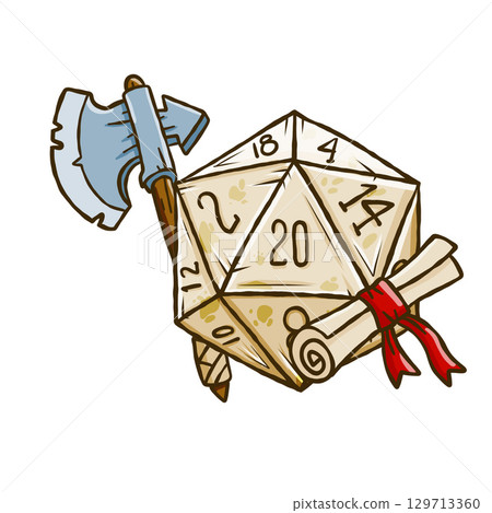 D20 dice paired with a battle axe in strategy Dnd fantasy game. Tabletop DND roleplay set designed for adventure-themed cartoon stickers. D20 dice paired with a battle axe in strategy Dnd fantasy game. Tabletop DND roleplay set designed for adventure-themed cartoon stickers. 129713360