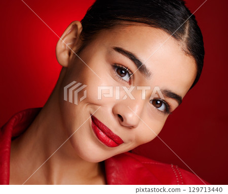 Lipstick, portrait or woman with makeup for beauty or glowing skin with luxury cosmetics or products. Studio background, face or beautiful girl model marketing facial skincare for self care grooming Lipstick, portrait or woman with makeup for beauty or glowing skin with luxury cosmetics or products. Studio background, face or beautiful girl model marketing facial skincare for self care grooming 129713440