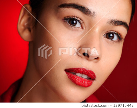Lipstick, portrait or woman with makeup for beauty or glowing skin with luxury cosmetics or products. Studio background, face or beautiful girl model marketing facial skincare for self care grooming 129713442