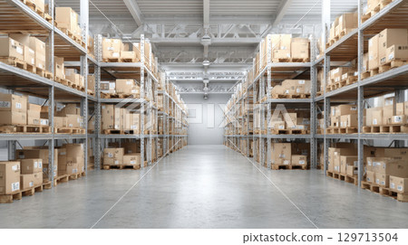 vast, organized warehouse interior, featuring numerous rows of high shelves filled with neatly stacked cardboard boxes on wooden pallets. Themes of logistics, supply chain, storage, e commerce 129713504