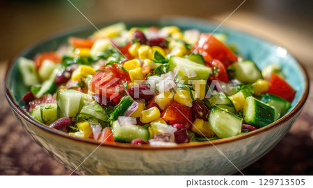 delicious and refreshing salad features a colorful mix of crisp cucumbers, juicy tomatoes, sweet corn, robust kidney beans, and zesty red onions, all lightly tossed for a perfect, healthy summer dish. 129713505