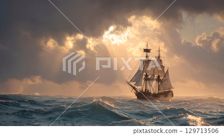 historical sailing vessel, a tall ship with full sails, navigates choppy waters under dramatic sky with dark clouds, creating a powerful and inspiring scene of resilience and exploration on vast sea. 129713506