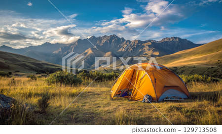 Breathtaking view of sprawling mountain range at sunset, with sky casting warm hues over dense forests. Concept of grandeur of nature, with soft light rugged peaks, creating sense of calm, wonder 129713508
