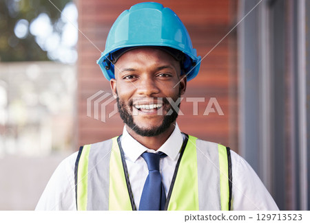 Portrait, engineer and black man with helmet, smile and construction planning. Architect, African American male or employee with idea for new building, safety hard hat and protection for architecture 129713523