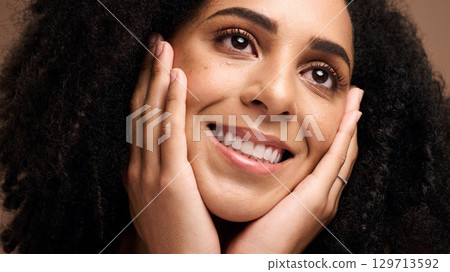Beauty, skincare and smile with face of black woman for skincare, glow and cosmetics. Facial, spa and relax with girl model for product, makeup and wellness dermatology in brown background studio 129713592