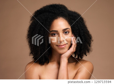 Black woman, smile portrait and skincare beauty wellness, facial care glow and natural cosmetics dermatology in brown background studio. African model, happiness and luxury afro hair care headshot Black woman, smile portrait and skincare beauty wellness, facial care glow and natural cosmetics dermatology in brown background studio. African model, happiness and luxury afro hair care headshot 129713594