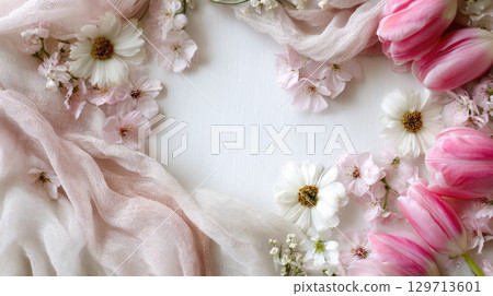 soft composition featuring variety of fresh flowers including pink tulips, white daisies, cherry blossoms, arranged with delicate, flowing pink fabric on light background, creating romantic frame 129713601
