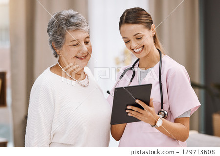 Tablet, healthcare and nurse with senior woman for digital help, support or wellness check, data and results together with smile. Happy elderly patient in communication with medical worker or doctor 129713608